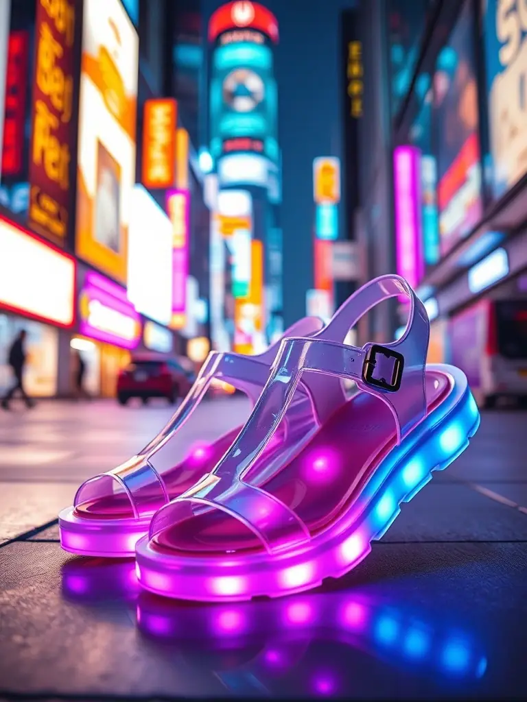 A detailed image of the HoloStep Light-up Sandals, showcasing the minimalist design, holographic finish, and integrated light-up technology, set against a futuristic, urban backdrop.
