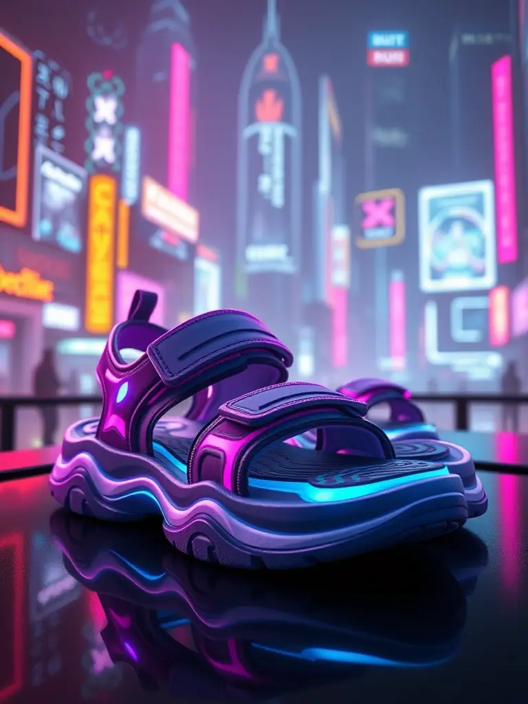 A close-up shot of the CyberWave Futuristic Sandals, highlighting the wave-like patterns, neon accents, and adjustable LED straps, set against a dark, cyberpunk-themed background.