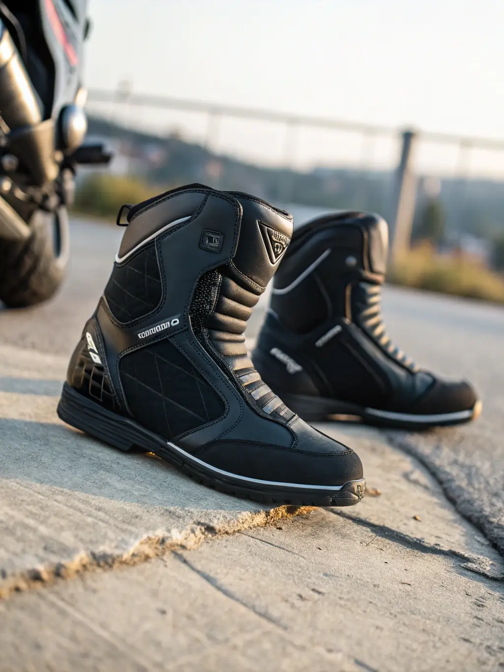 A detailed image of the NeoStride Tactical Boots, showcasing the streamlined silhouette, reinforced heel and toe areas, and secure lacing system, set in an urban exploration environment.